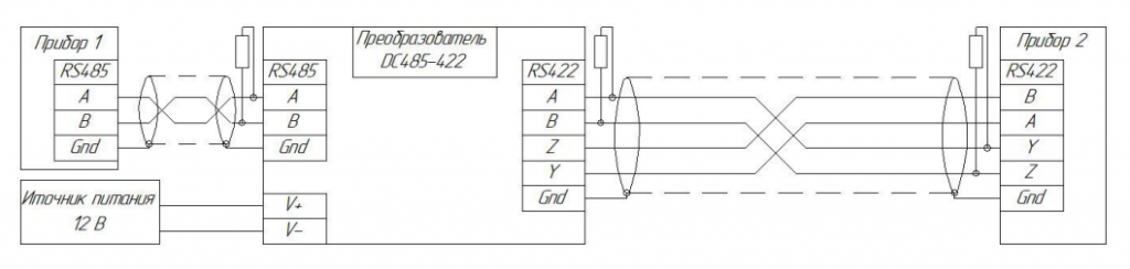 Схема подключения преобразователя RS485-RS422