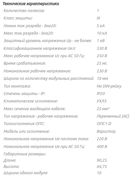 Основные характеристики УЗИП