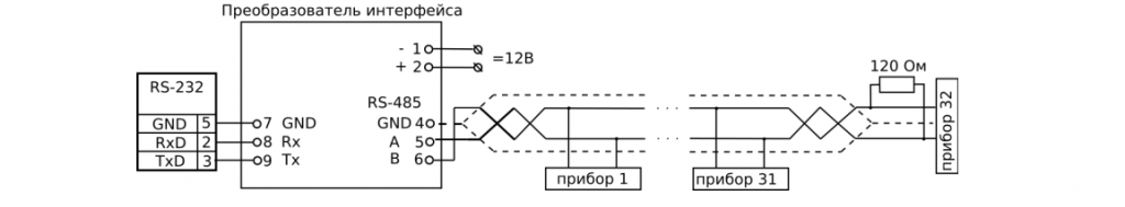 Схема подключения преобразователя RS232-RS485
